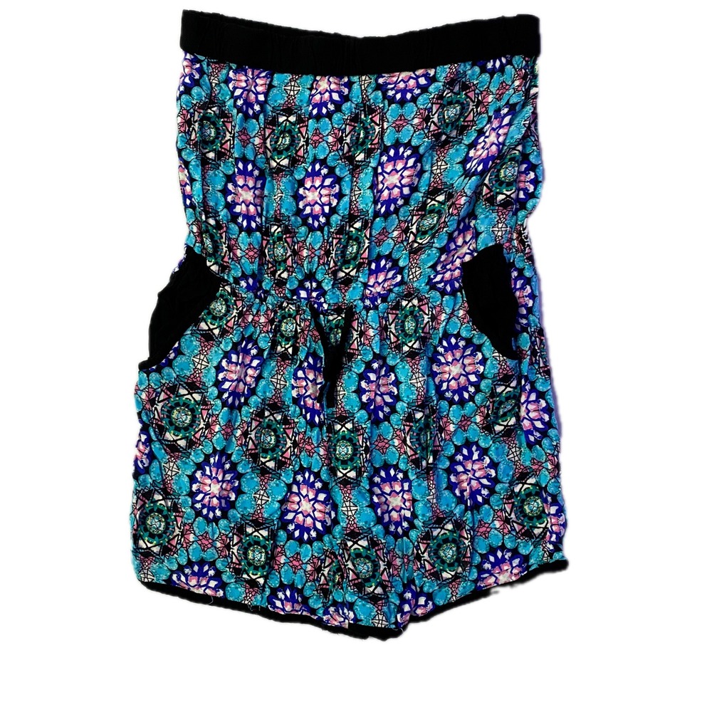 Charlotte Russe Womens Strapless Romper Blue Pink Kaleidoscope Print Size L
